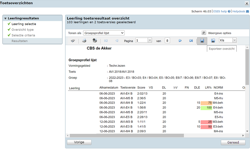 Screenshot ESIs leestoetsen exportbestand