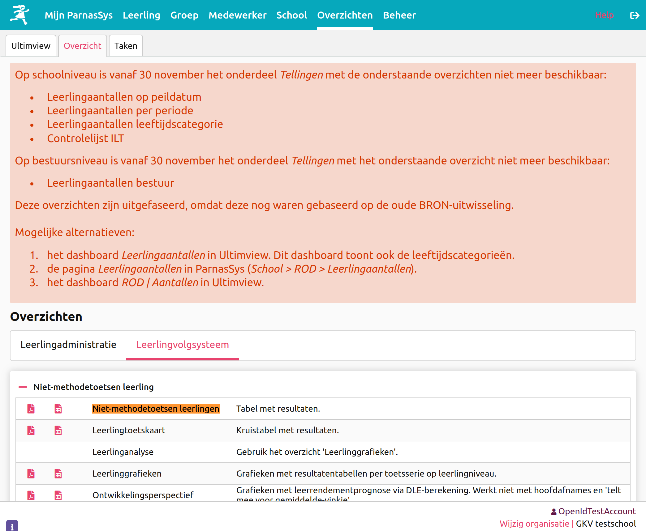 Screenshot ParnasSys niet-methode-toetsen navigatie