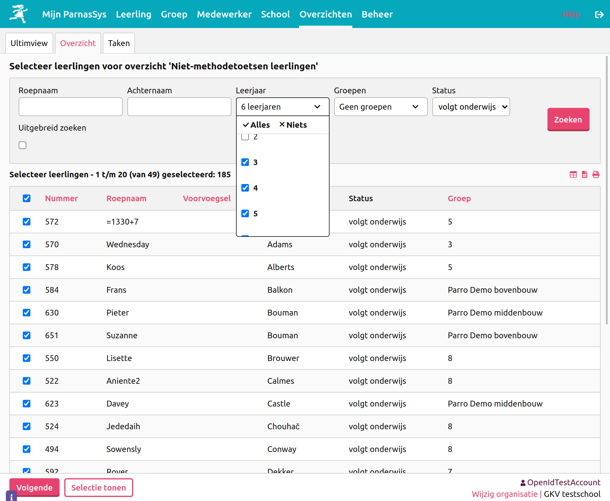 Screenshot ParnasSys niet-methode-toetsen selectie