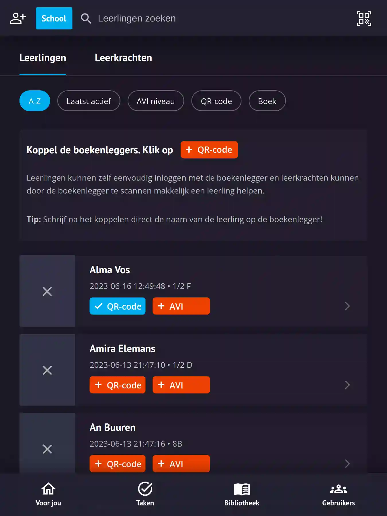 Screenshot lijst met leerlingen